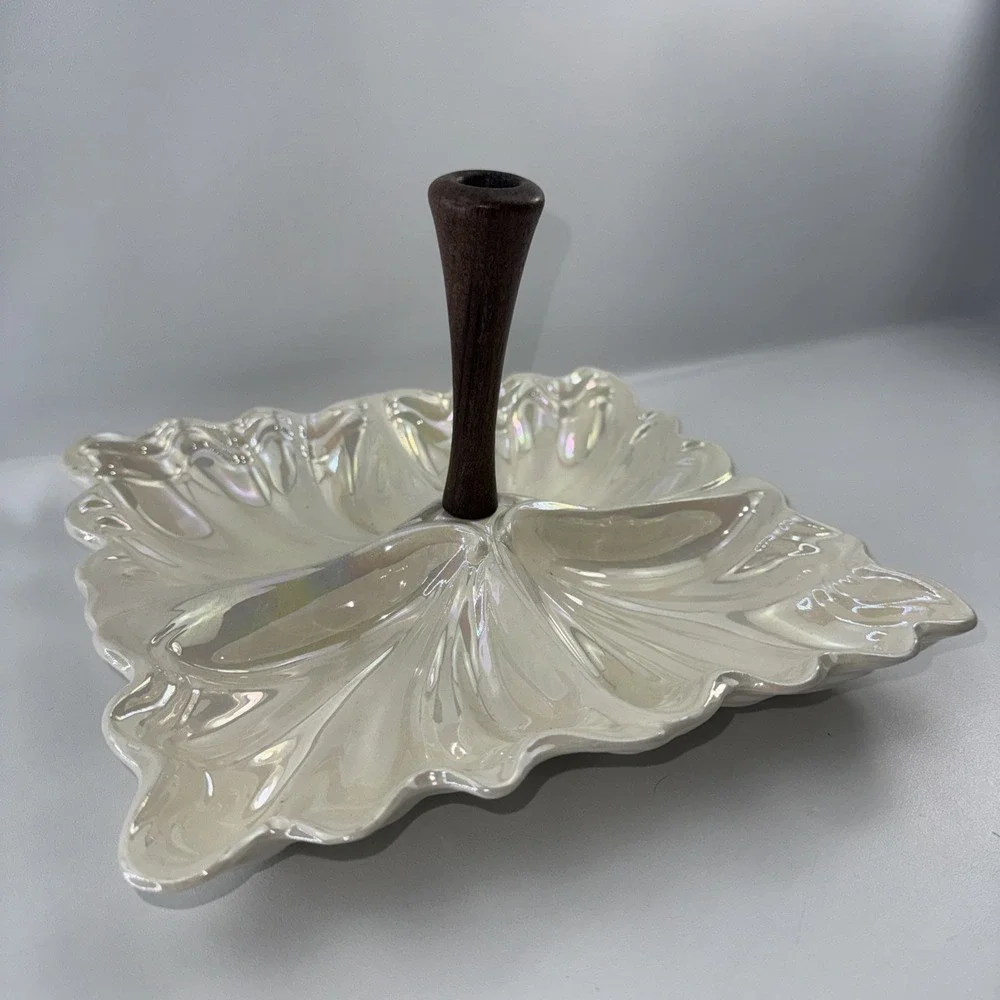 Vintage Maddux Ceramic Tidbit Tray: Iridescent with Wood Centerpiece MCM